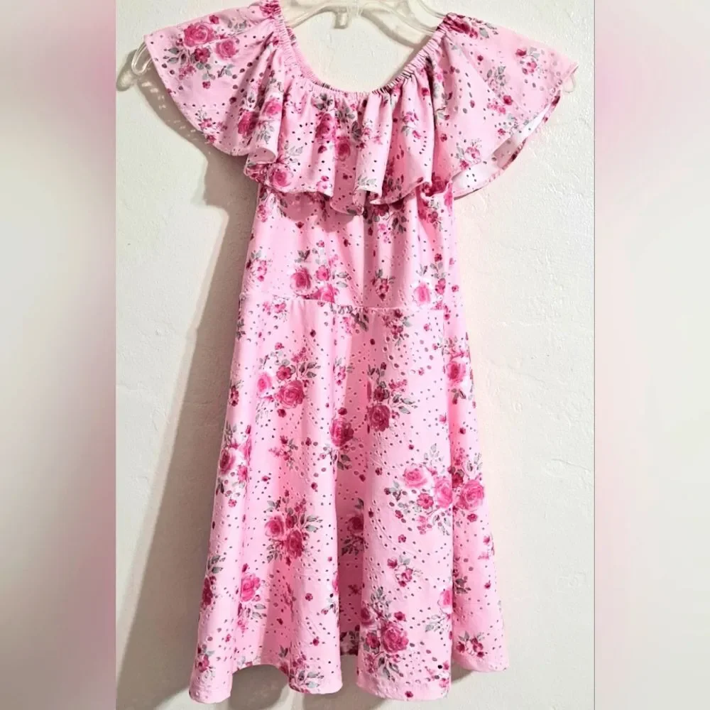 Girls Pink Ruched Tiered Sundress Off-Shoulder Eyelet Built In Slip EUC